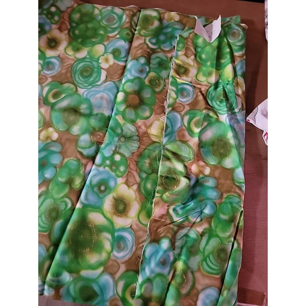 Retro 60s 70s Green Brown Floral Cotton Fabric 4 Yards